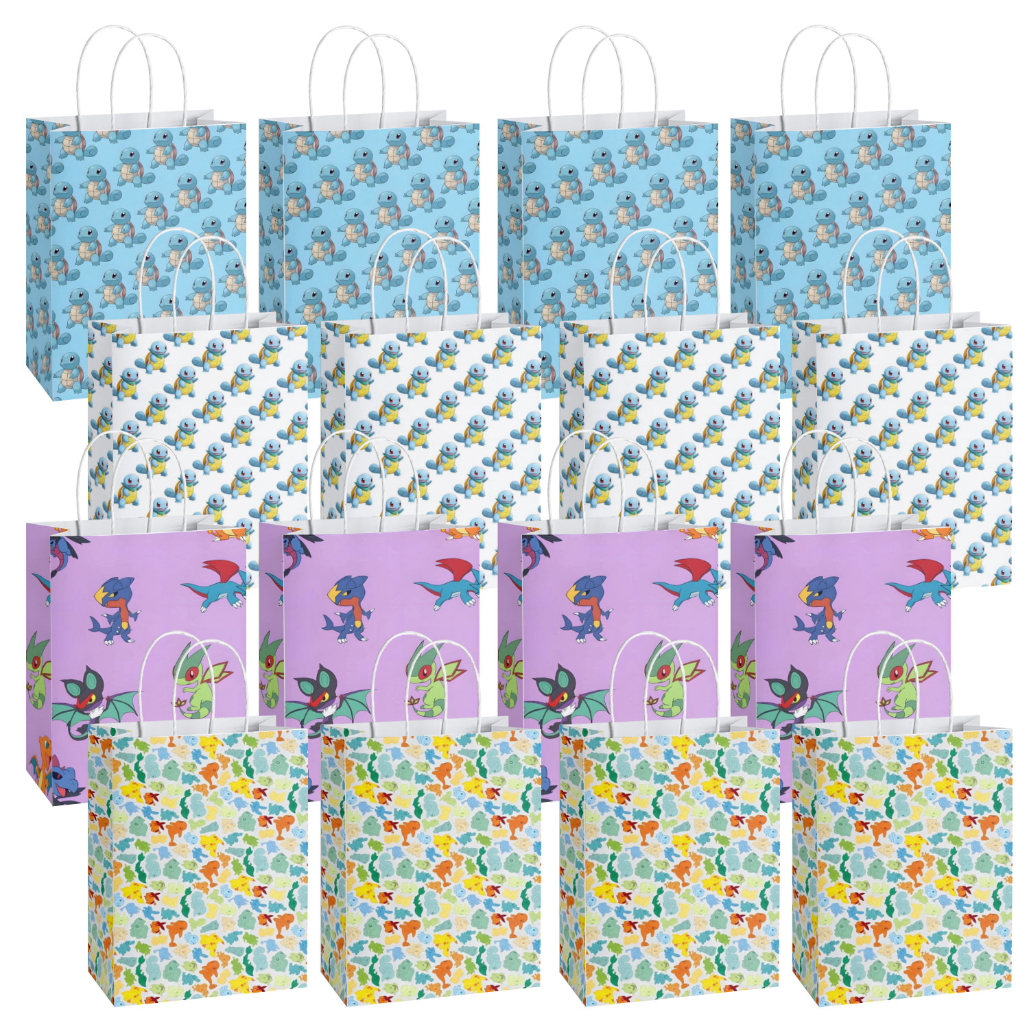 SALQGBUW-Pokemon 16 Pcs Party Paper Gift Bags – Cute Cartoon Favor Bags for Kids' Birthday, Baby Shower, Classroom Treats, and Party Supplies for Boys and Girls